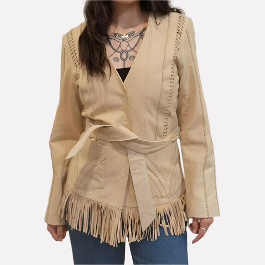 Vintage Y2K Braided Fringe Cream Tan Belted Leather Jacket!!!❤️‍🔥